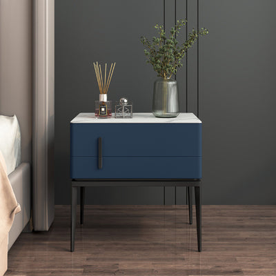 Modern Luxury Sintered Stone Microfiber Leather Solid Wood Carbon Steel Rounded Rectangle Nightstand 2-Drawer For Bedroom