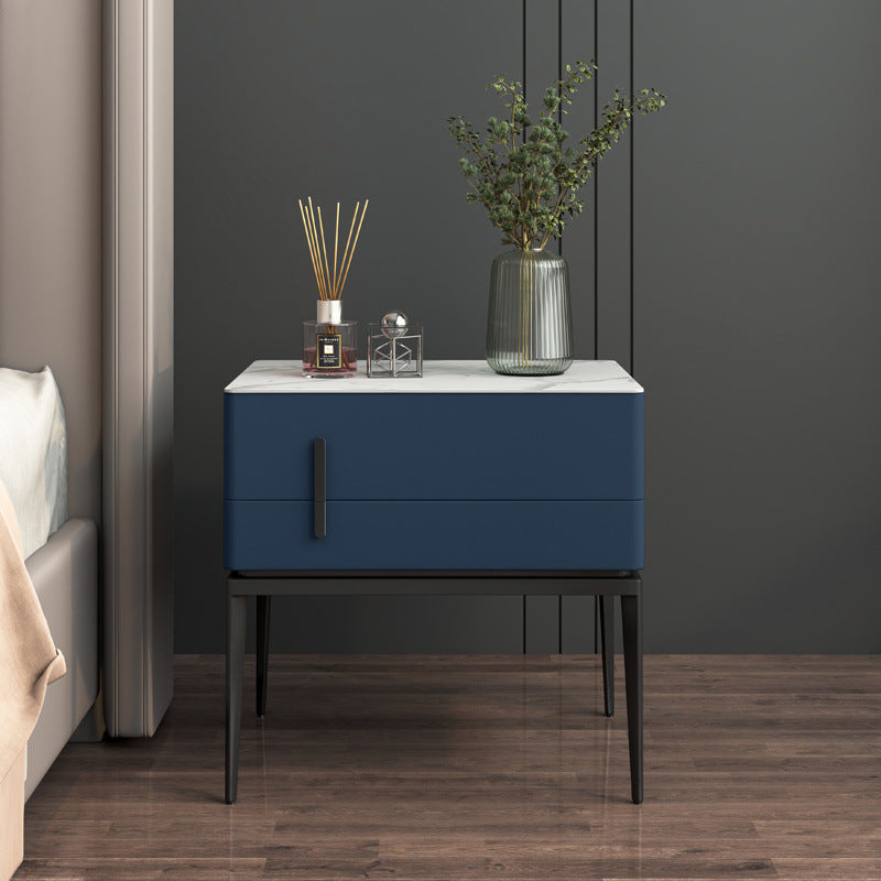 Modern Luxury Sintered Stone Microfiber Leather Solid Wood Carbon Steel Rounded Rectangle Nightstand 2-Drawer For Bedroom