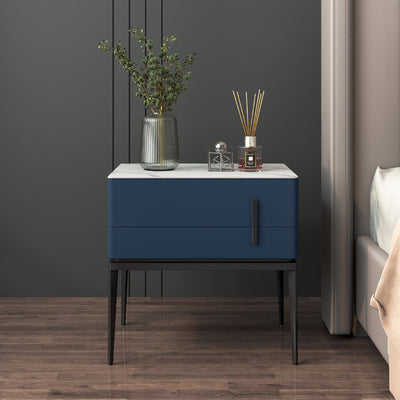Modern Luxury Sintered Stone Microfiber Leather Solid Wood Carbon Steel Rounded Rectangle Nightstand 2-Drawer For Bedroom