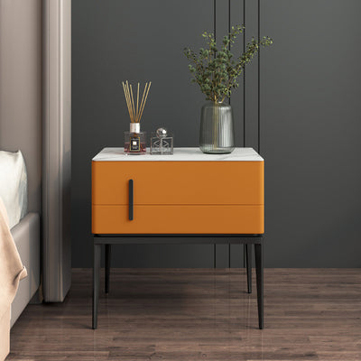 Modern Luxury Sintered Stone Microfiber Leather Solid Wood Carbon Steel Rounded Rectangle Nightstand 2-Drawer For Bedroom