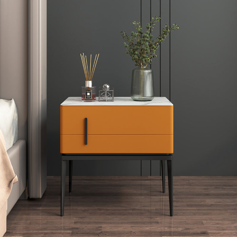 Modern Luxury Sintered Stone Microfiber Leather Solid Wood Carbon Steel Rounded Rectangle Nightstand 2-Drawer For Bedroom