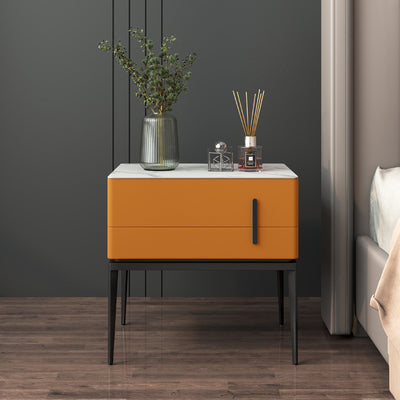 Modern Luxury Sintered Stone Microfiber Leather Solid Wood Carbon Steel Rounded Rectangle Nightstand 2-Drawer For Bedroom