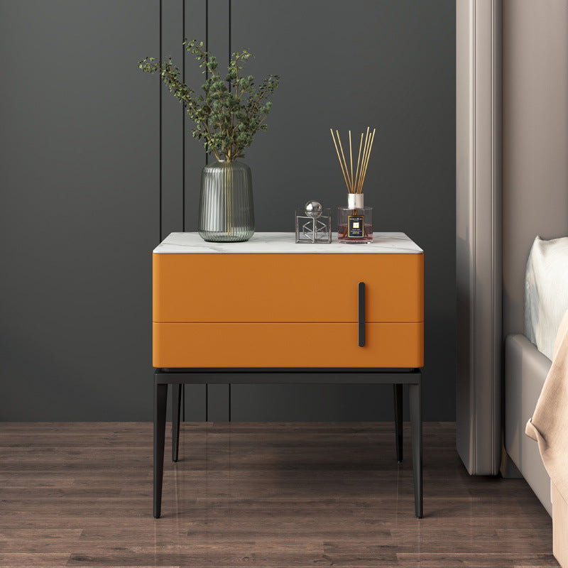 Modern Luxury Sintered Stone Microfiber Leather Solid Wood Carbon Steel Rounded Rectangle Nightstand 2-Drawer For Bedroom