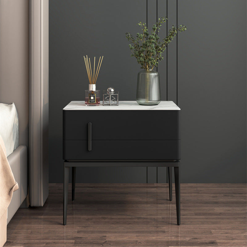 Modern Luxury Sintered Stone Microfiber Leather Solid Wood Carbon Steel Rounded Rectangle Nightstand 2-Drawer For Bedroom
