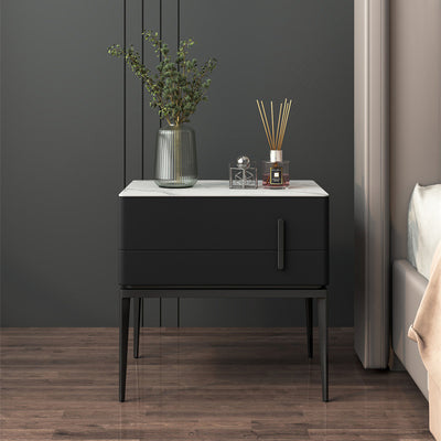 Modern Luxury Sintered Stone Microfiber Leather Solid Wood Carbon Steel Rounded Rectangle Nightstand 2-Drawer For Bedroom