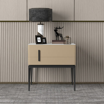 Modern Luxury Sintered Stone Microfiber Leather Solid Wood Carbon Steel Rounded Rectangle Nightstand 2-Drawer For Bedroom