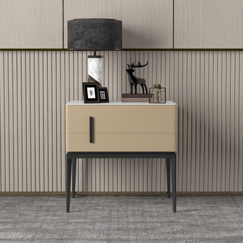 Modern Luxury Sintered Stone Microfiber Leather Solid Wood Carbon Steel Rounded Rectangle Nightstand 2-Drawer For Bedroom