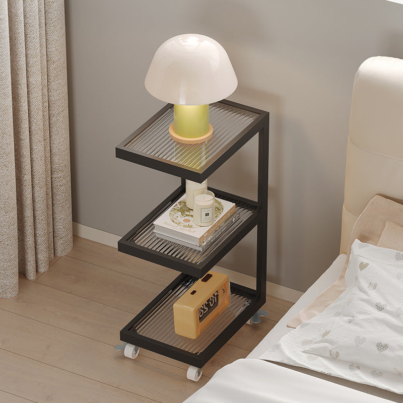 Contemporary Scandinavian Glass Carbon Steel Mobile Rectangle Side Table 3-Tier For Living Room