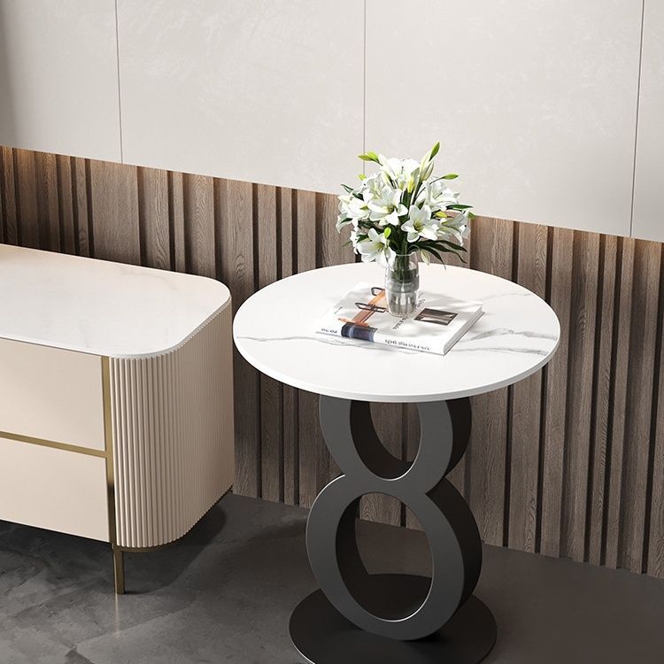 Contemporary Scandinavian Marble Carbon Steel Round Hollow Side Table 1-Tier For Living Room