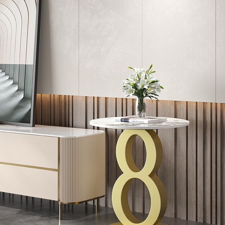 Contemporary Scandinavian Marble Carbon Steel Round Hollow Side Table 1-Tier For Living Room