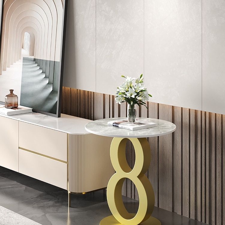 Contemporary Scandinavian Marble Carbon Steel Round Hollow Side Table 1-Tier For Living Room
