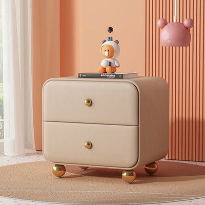Contemporary Scandinavian Microfiber Leather Solid Wood Metal Ball Square Nightstand 2-Drawer For Bedroom