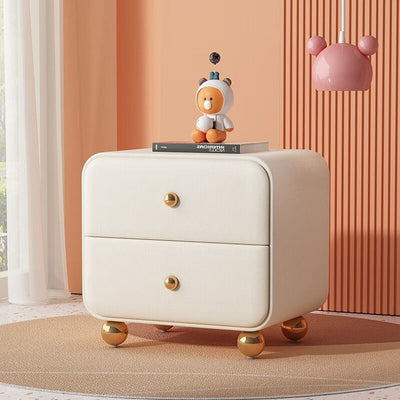 Contemporary Scandinavian Microfiber Leather Solid Wood Metal Ball Square Nightstand 2-Drawer For Bedroom