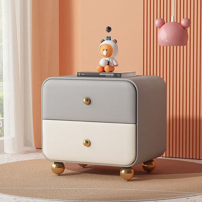 Contemporary Scandinavian Microfiber Leather Solid Wood Metal Ball Square Nightstand 2-Drawer For Bedroom