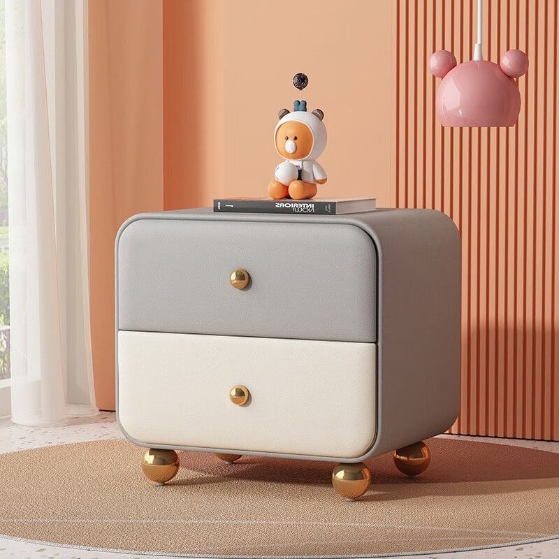 Contemporary Scandinavian Microfiber Leather Solid Wood Metal Ball Square Nightstand 2-Drawer For Bedroom