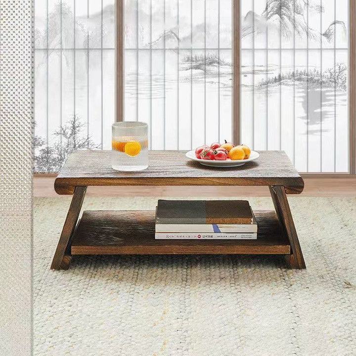 Traditioneller japanischer rechteckiger Couchtisch aus Massivholz mit 2 Ebenen für das Wohnzimmer 