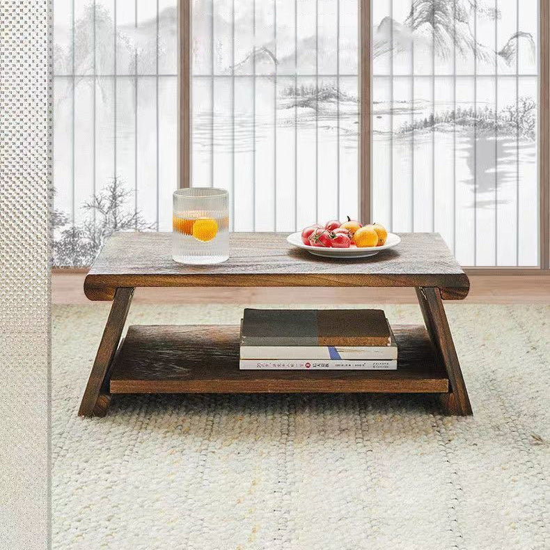 Traditional Japanese Solid Wood Rectangle Coffee Table 2-Tier For Living Room