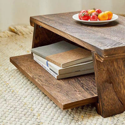 Traditional Japanese Solid Wood Rectangle Coffee Table 2-Tier For Living Room