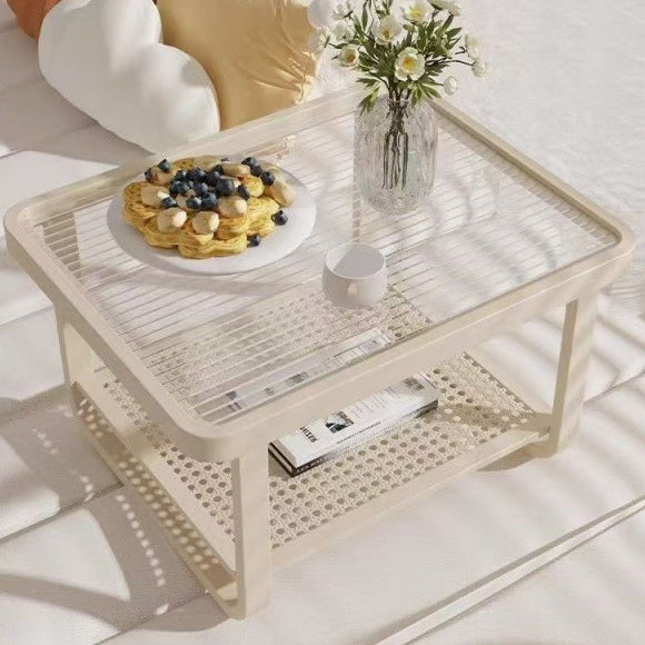 Zeitgenössischer skandinavischer Eisen-Glas-Kurven-Rechteck-Couchtisch mit 2 Ebenen für das Wohnzimmer 