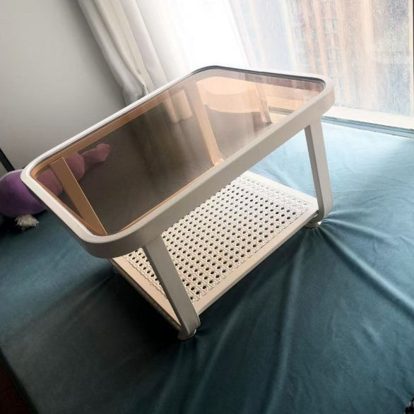 Zeitgenössischer skandinavischer Eisen-Glas-Kurven-Rechteck-Couchtisch mit 2 Ebenen für das Wohnzimmer 