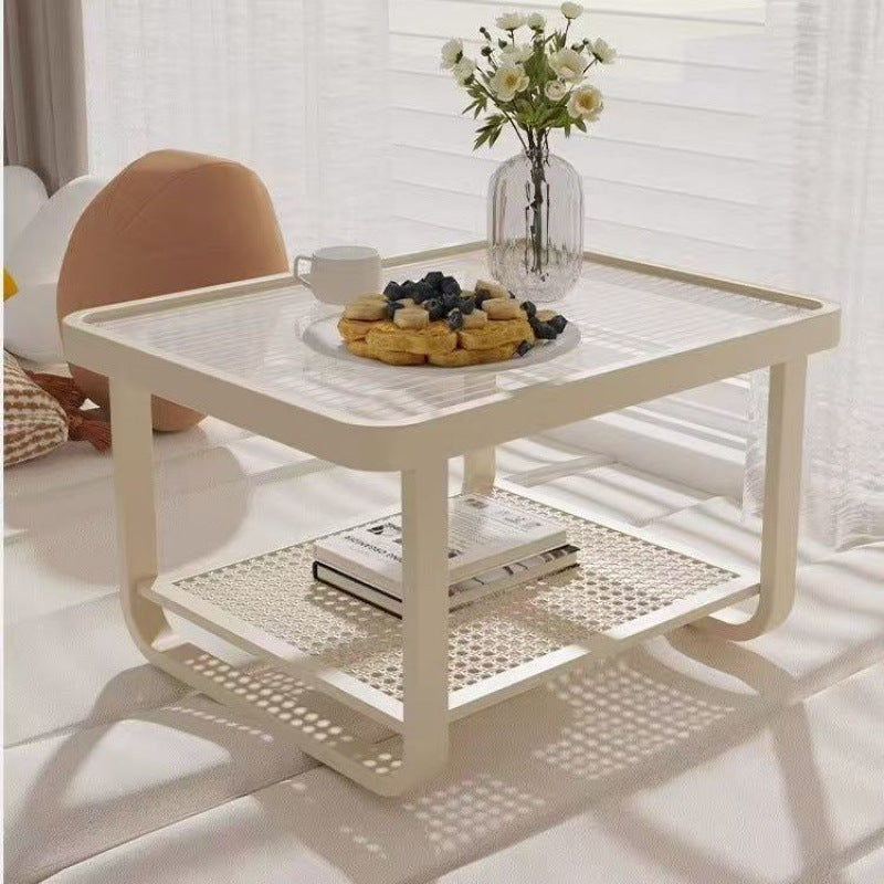 Zeitgenössischer skandinavischer Eisen-Glas-Kurven-Rechteck-Couchtisch mit 2 Ebenen für das Wohnzimmer 