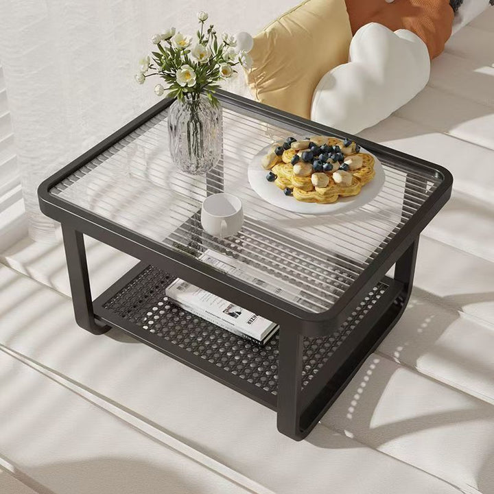 Zeitgenössischer skandinavischer Eisen-Glas-Kurven-Rechteck-Couchtisch mit 2 Ebenen für das Wohnzimmer 