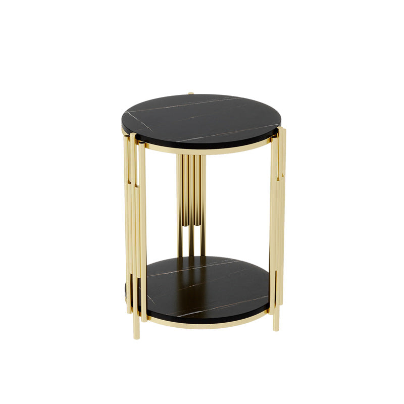 Contemporary Scandinavian Sintered Stone Iron Round Narrow Side Table 2-Tier For Living Room