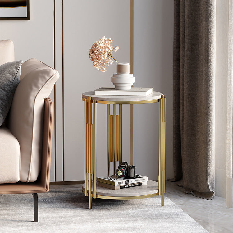 Contemporary Scandinavian Sintered Stone Iron Round Narrow Side Table 2-Tier For Living Room