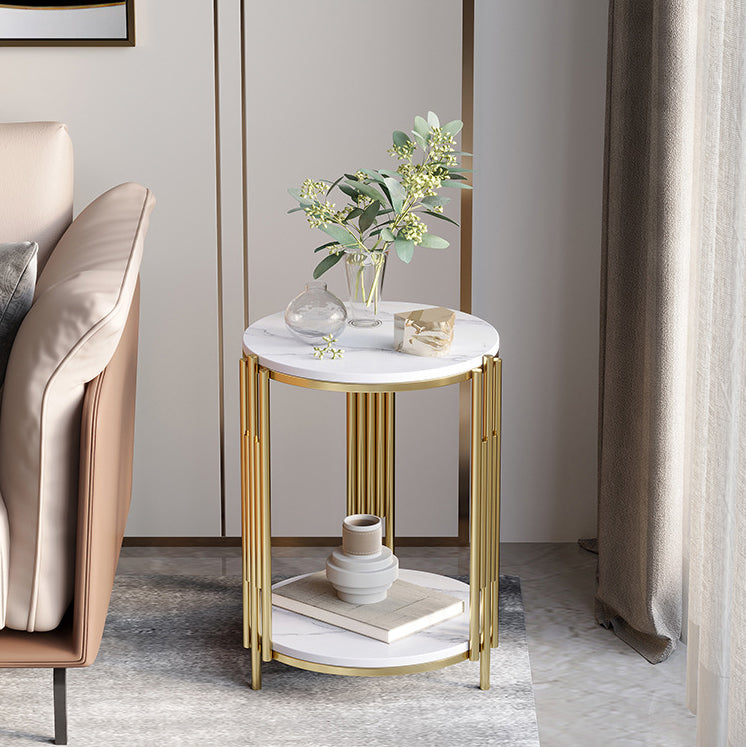 Contemporary Scandinavian Sintered Stone Iron Round Narrow Side Table 2-Tier For Living Room