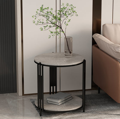 Contemporary Scandinavian Sintered Stone Iron Round Narrow Side Table 2-Tier For Living Room