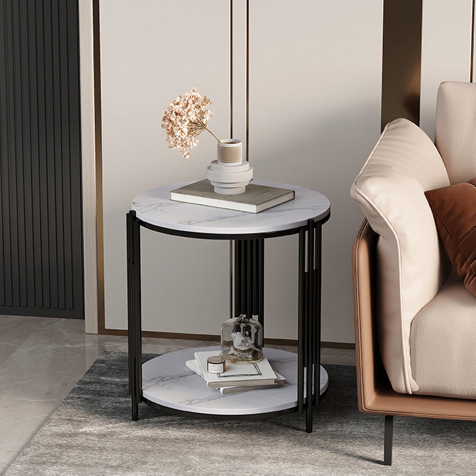Contemporary Scandinavian Sintered Stone Iron Round Narrow Side Table 2-Tier For Living Room