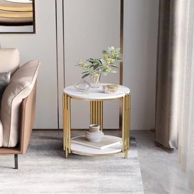 Contemporary Scandinavian Sintered Stone Iron Round Narrow Side Table 2-Tier For Living Room