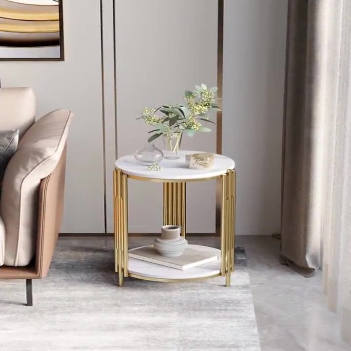 Contemporary Scandinavian Sintered Stone Iron Round Narrow Side Table 2-Tier For Living Room