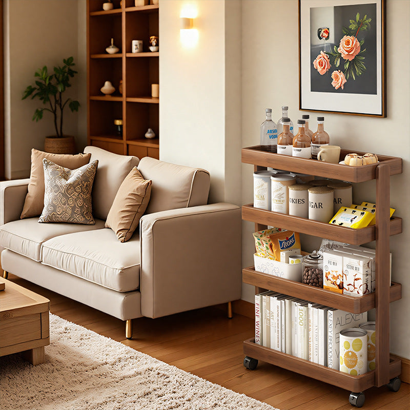 Mesa Auxiliar Rectangular Móvil de Madera Maciza Vintage Tradicional de 4 Niveles para Sala de Estar 