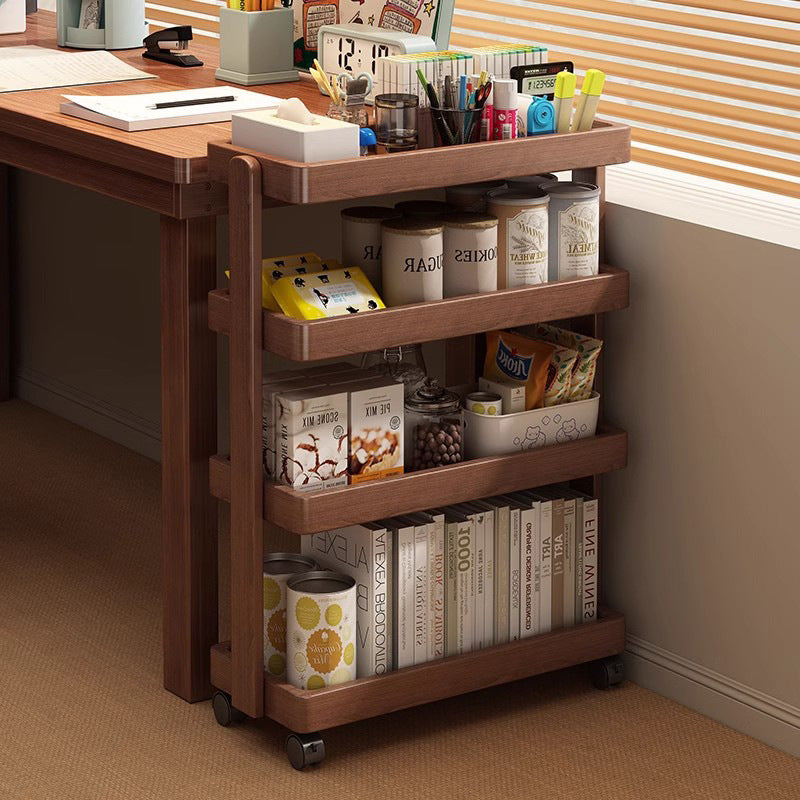 Mesa Auxiliar Rectangular Móvil de Madera Maciza Vintage Tradicional de 4 Niveles para Sala de Estar 