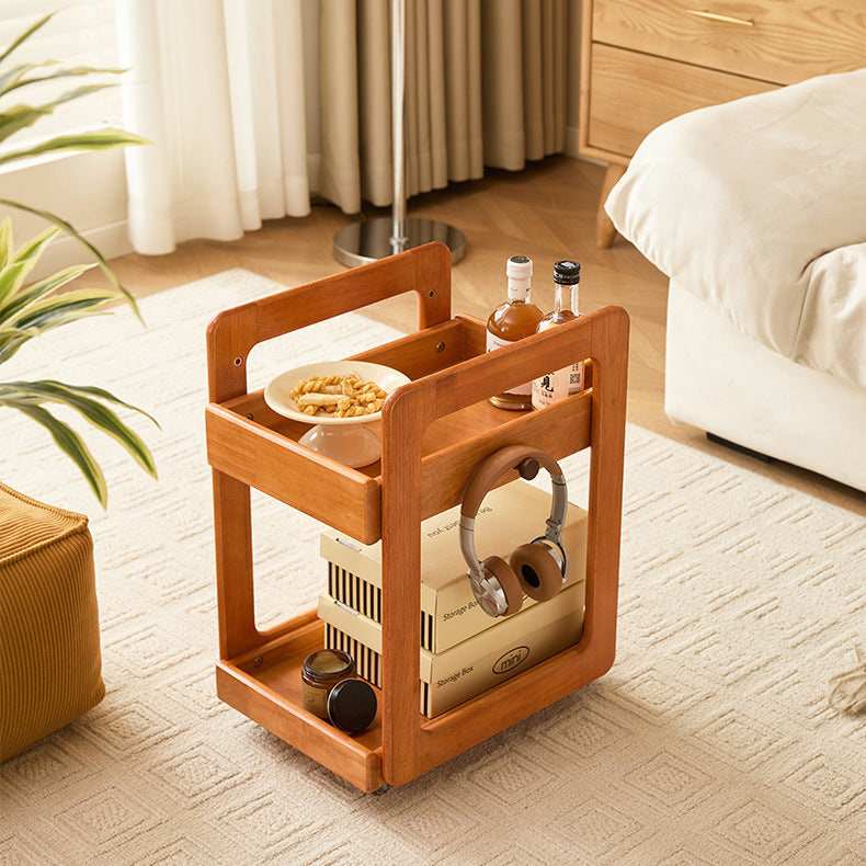Traditional Japanese Solid Wood Mobile Rounded Square Side Table 2-Tier For Living Room