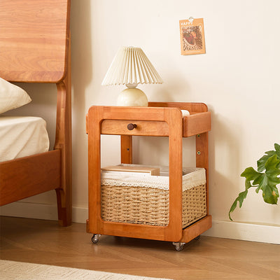 Traditional Japanese Solid Wood Mobile Rounded Square Side Table 2-Tier For Living Room
