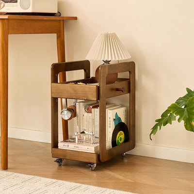 Traditional Japanese Solid Wood Mobile Rounded Square Side Table 2-Tier For Living Room