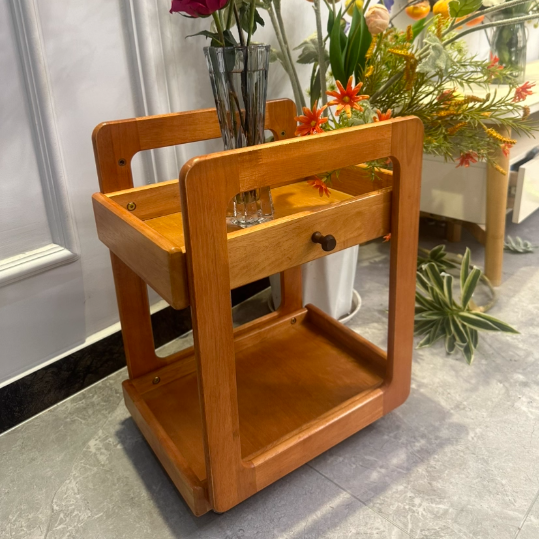 Traditional Japanese Solid Wood Mobile Rounded Square Side Table 2-Tier For Living Room