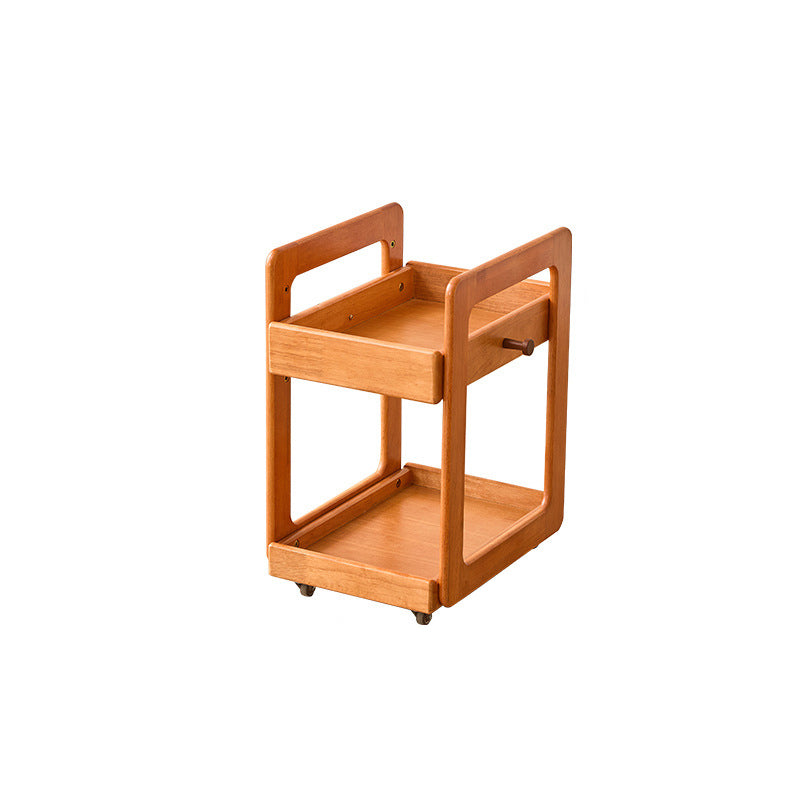 Traditional Japanese Solid Wood Mobile Rounded Square Side Table 2-Tier For Living Room