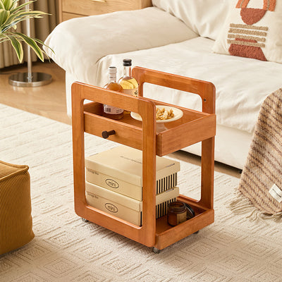 Traditional Japanese Solid Wood Mobile Rounded Square Side Table 2-Tier For Living Room