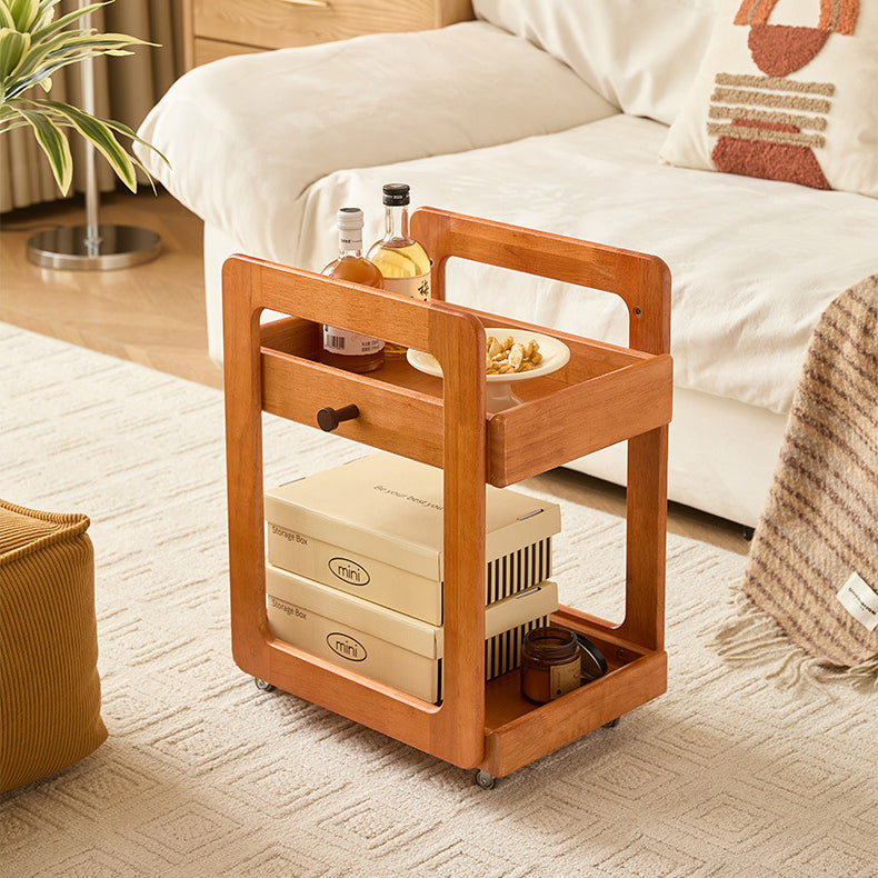 Traditional Japanese Solid Wood Mobile Rounded Square Side Table 2-Tier For Living Room