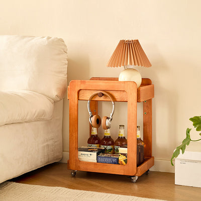 Traditional Japanese Solid Wood Mobile Rounded Square Side Table 2-Tier For Living Room