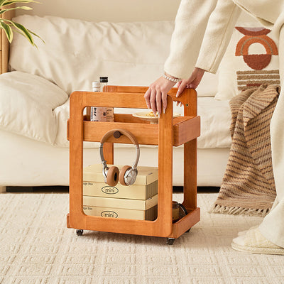 Traditional Japanese Solid Wood Mobile Rounded Square Side Table 2-Tier For Living Room
