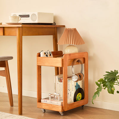 Traditional Japanese Solid Wood Mobile Rounded Square Side Table 2-Tier For Living Room