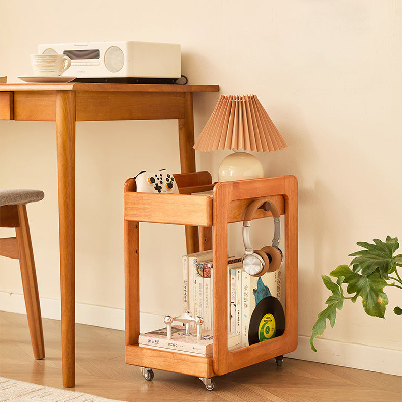 Traditional Japanese Solid Wood Mobile Rounded Square Side Table 2-Tier For Living Room