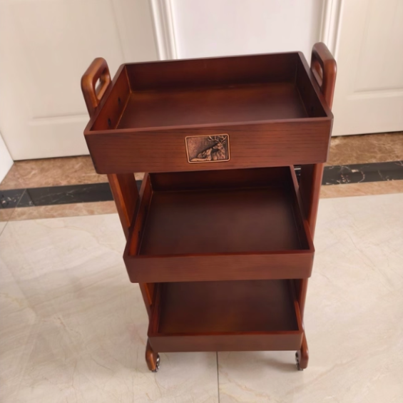 Traditional Vintage Rubberwood Mobile Square Side Table 3-Tier For Living Room