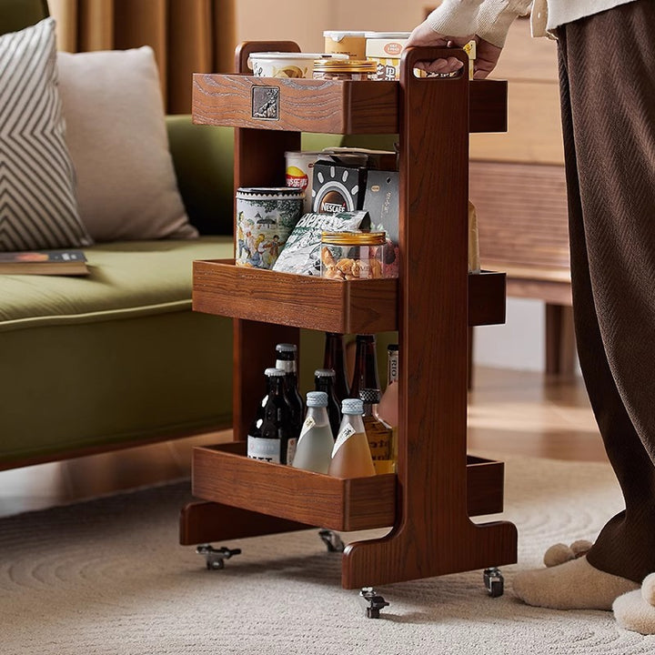 Traditional Vintage Rubberwood Mobile Square Side Table 3-Tier For Living Room