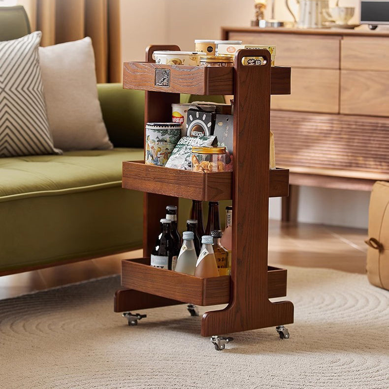 Traditional Vintage Rubberwood Mobile Square Side Table 3-Tier For Living Room
