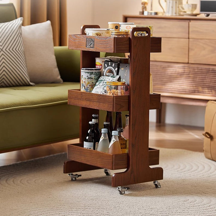 Traditional Vintage Rubberwood Mobile Square Side Table 3-Tier For Living Room